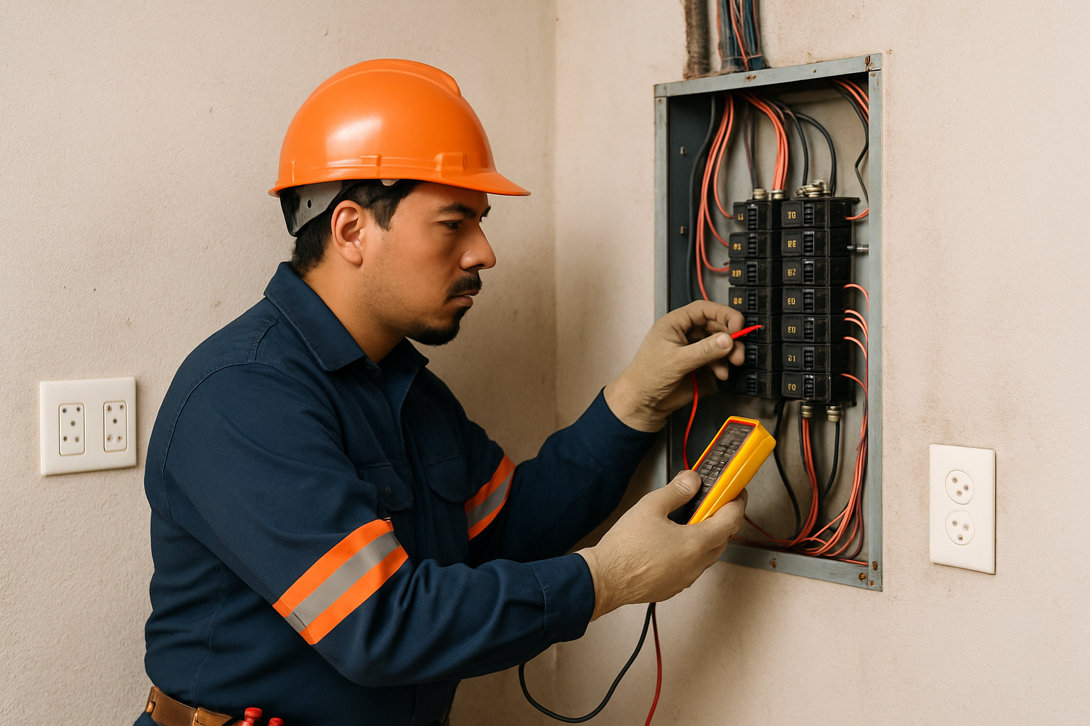 Electricista revisando un tablero ante señales de una posible falla eléctrica
