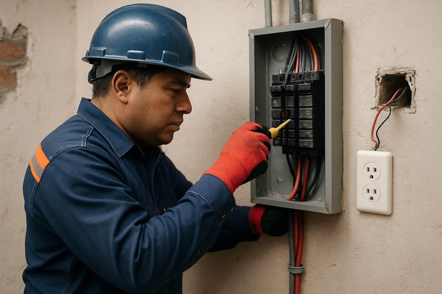 Electricista revisando una instalación eléctrica residencial Electricista revisando una instalación eléctrica residencial
