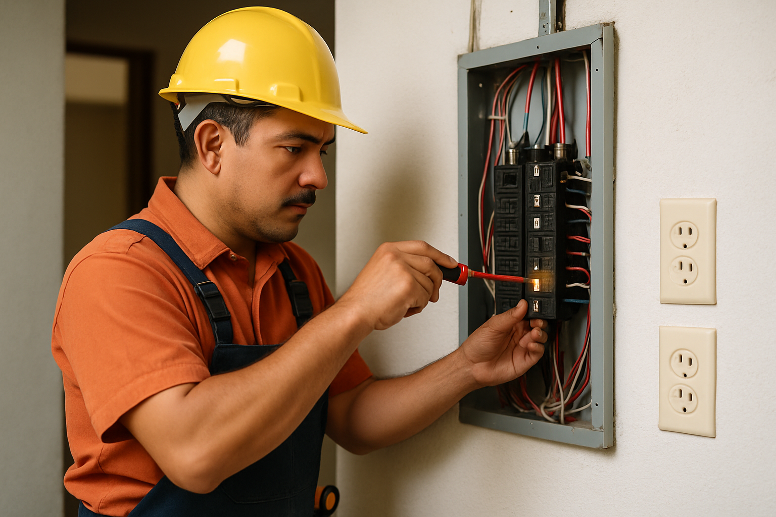 Electricista revisando una instalación eléctrica residencial Electricista revisando una instalación eléctrica residencial